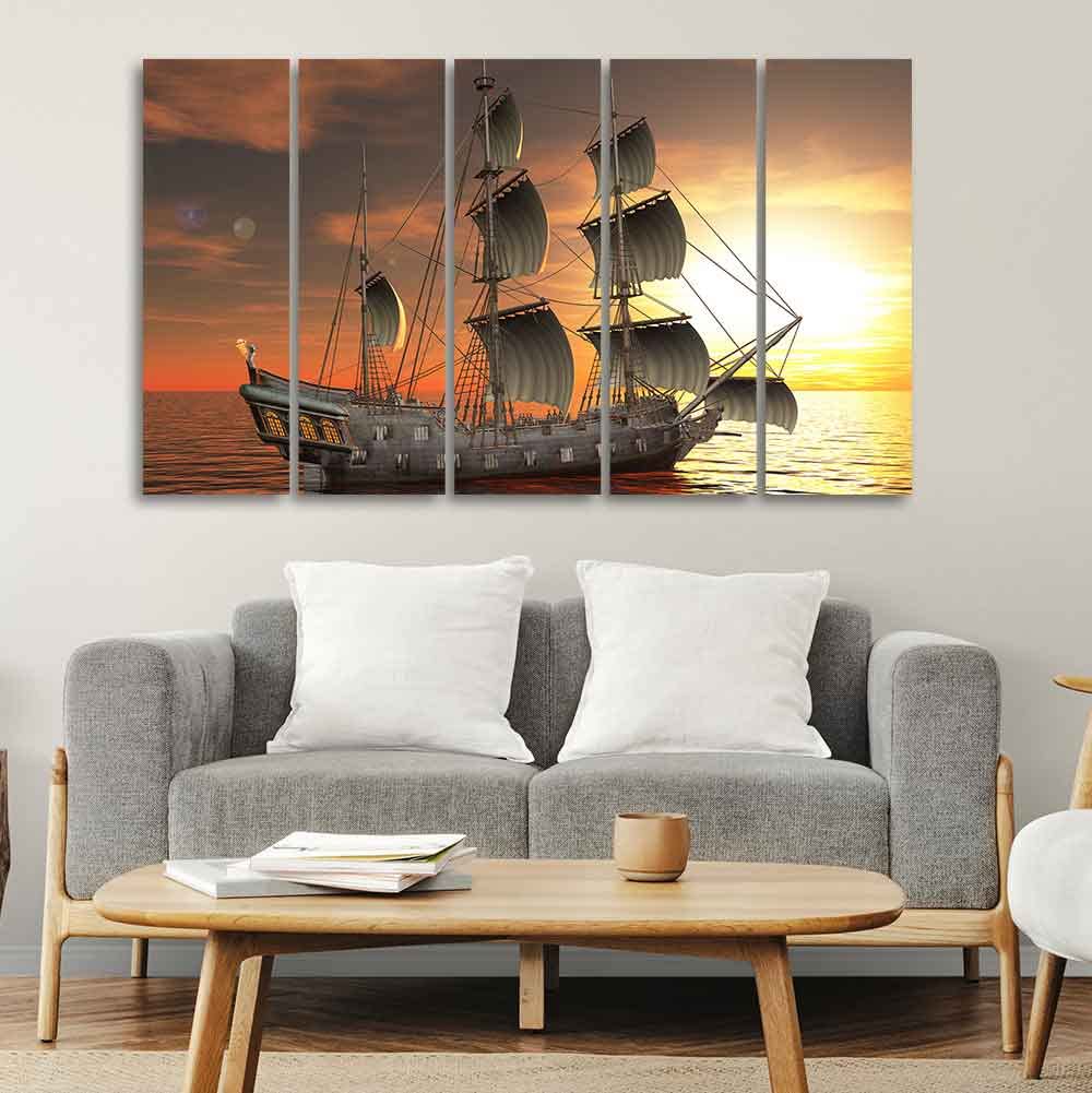 VIBECRAFTS Ship In The Sea 5 Pieces Canvas Wall Painting For Home | Office | Living Room | Gift (PTVC5Pcs4_8513)
