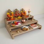 Wooden Temple Mandir Set, Mango Wood 3-Tier Display Stand with Incense Holder, Decorative Pooja Platform for Home