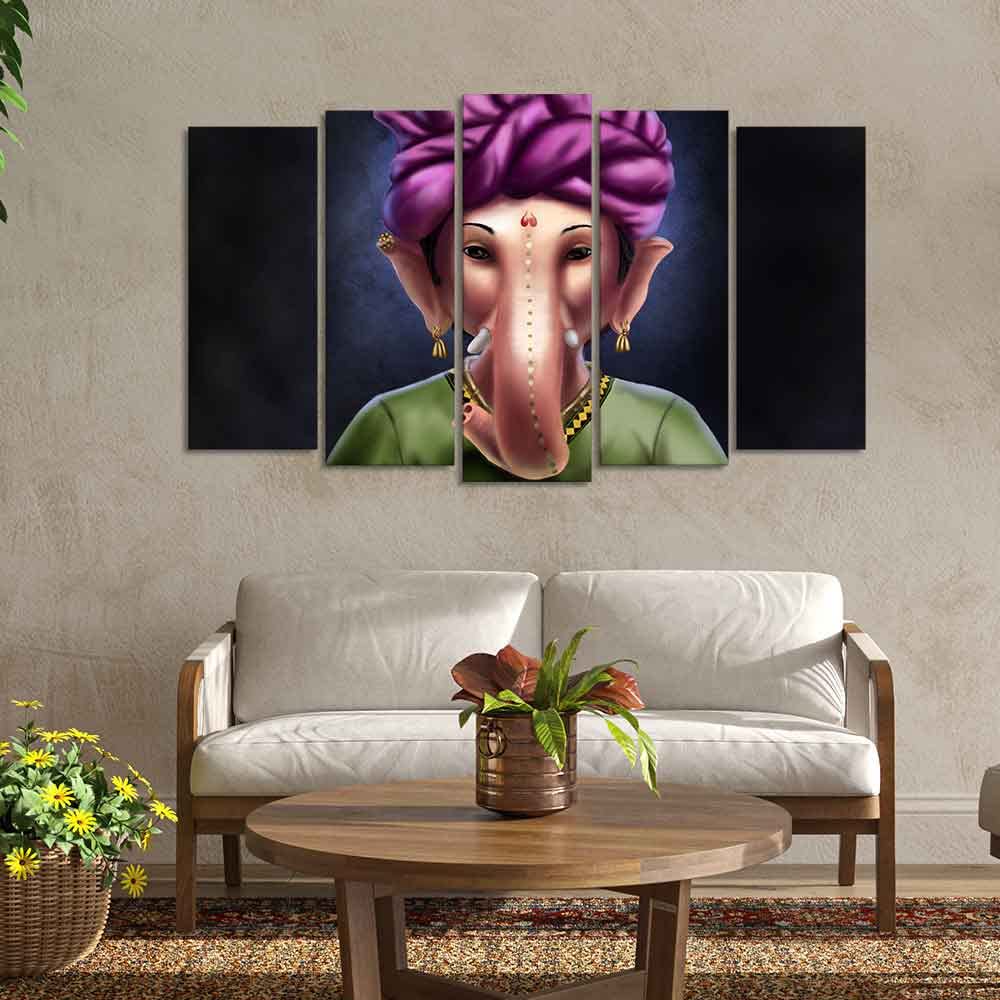 VIBECRAFTS Portrait of Ganesha Canvas Wall Painting Set of Five Pieces For Home|Office|Living Room|Gift (PTVC5Pcs2_6595)