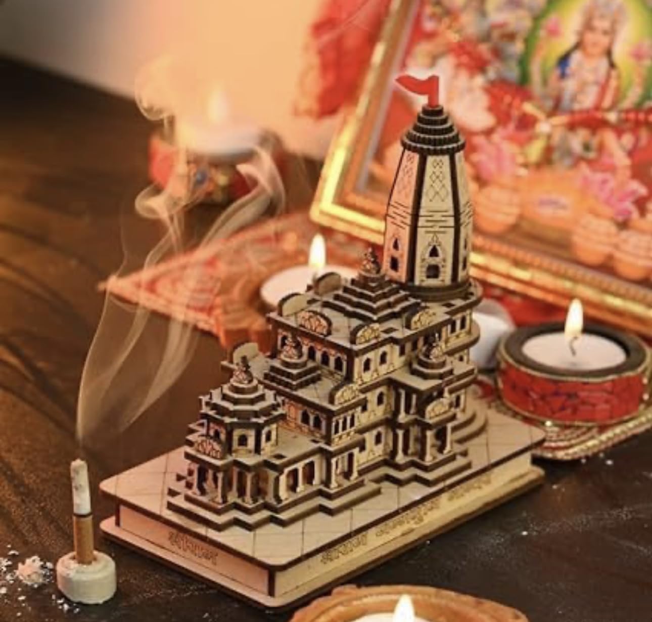 Twinster Ram Mandir Ayodhya Wooden Temple Model 6 Inches Decorative Statue Ideal for Home Décor and Gifting (Without LED)
