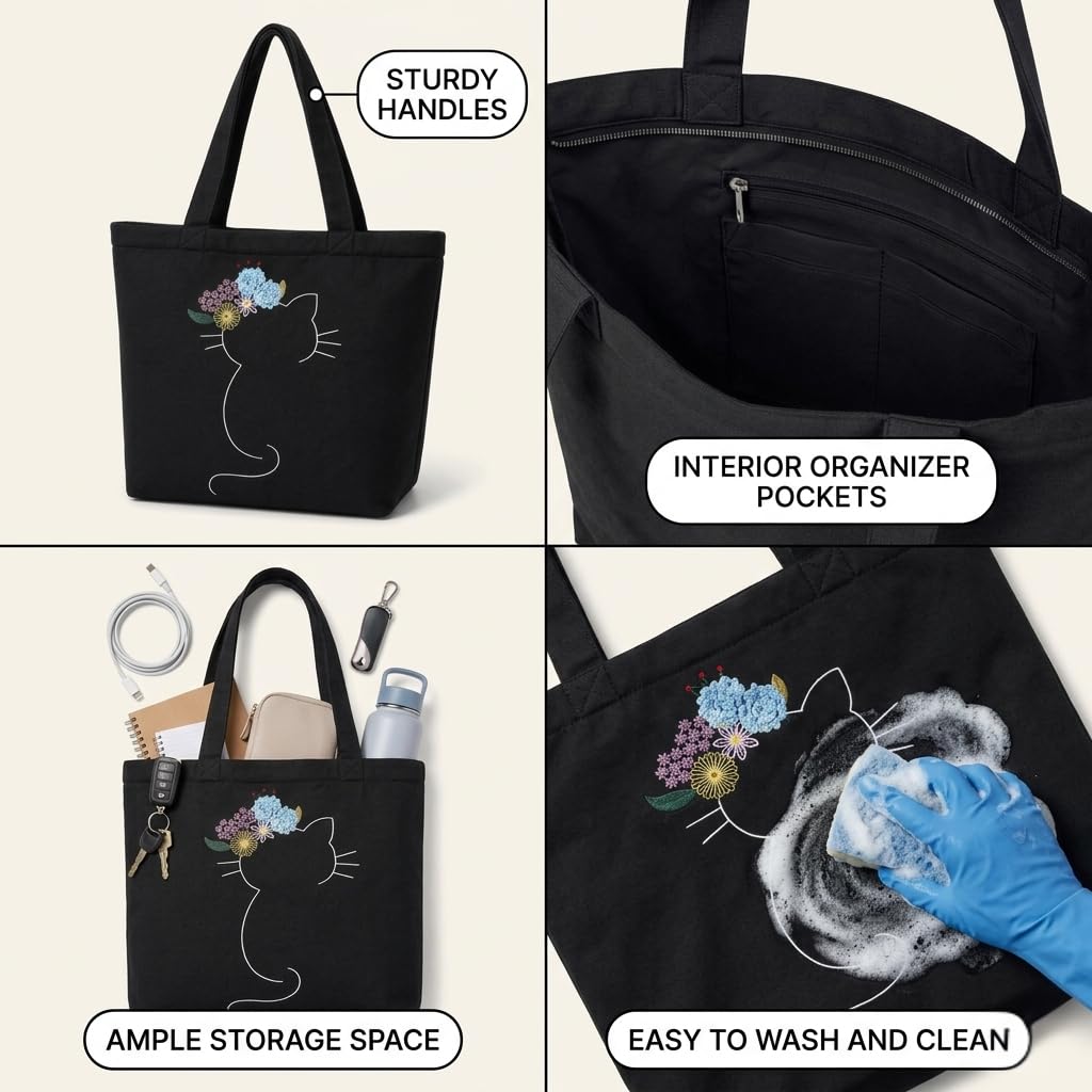 MASQ Premium ToteBag for Women with Zipper | Embroidered Foldable Shoulder Bag with Multiple Pockets | Spacious Handbag for College & Office | Eco-Friendly & Reusable (AP_TB_Tiaraa_Cat_01)