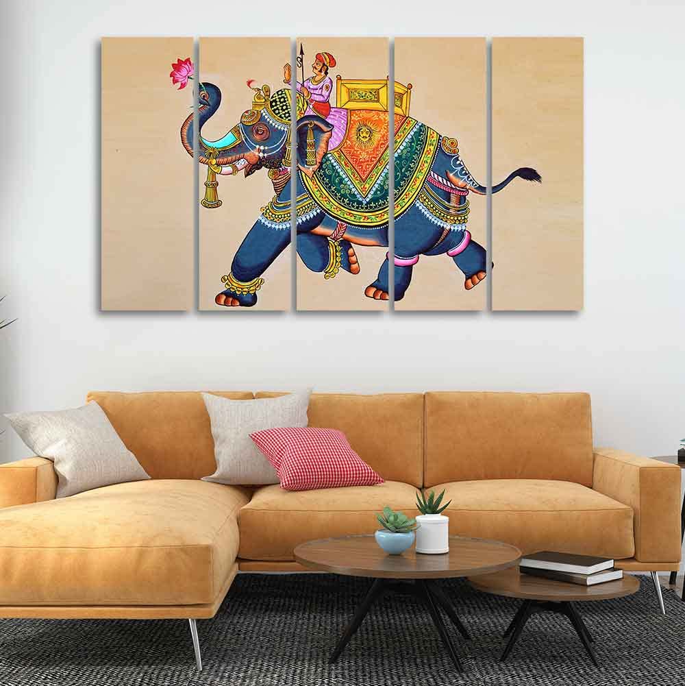 VIBECRAFTS Madhubani Art Elephant Premium Canvas Wall Painting Set of Five For Home|Office|Living Room|Gift (PTVC5Pcs4_8621)