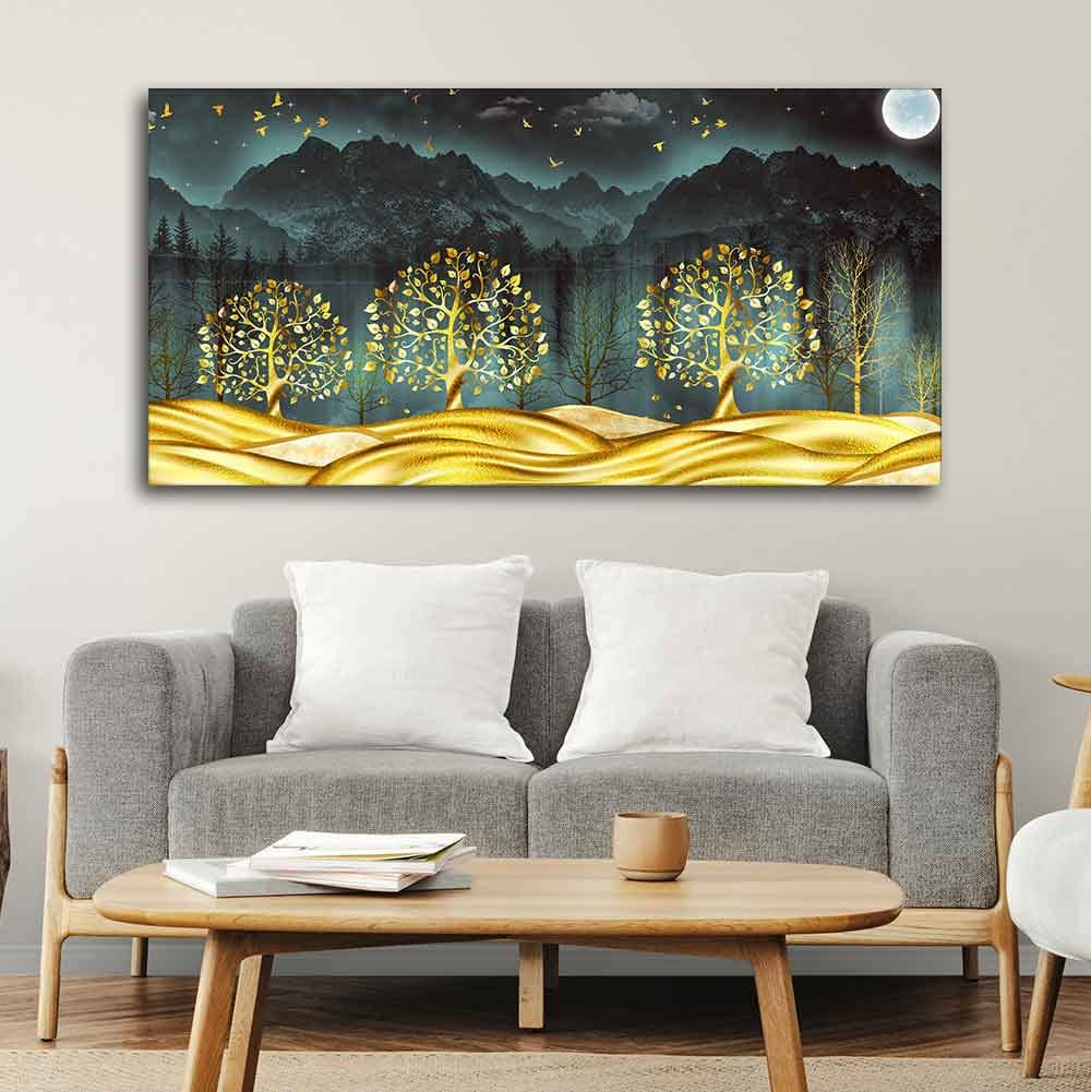 VIBECRAFTS Canvas Paintings for Living Room Drawing Room Wall Painting of Golden Trees in Dark Forest Fitted with Wooden Frame for Home|Office|Gift(PTVCH_2244N)