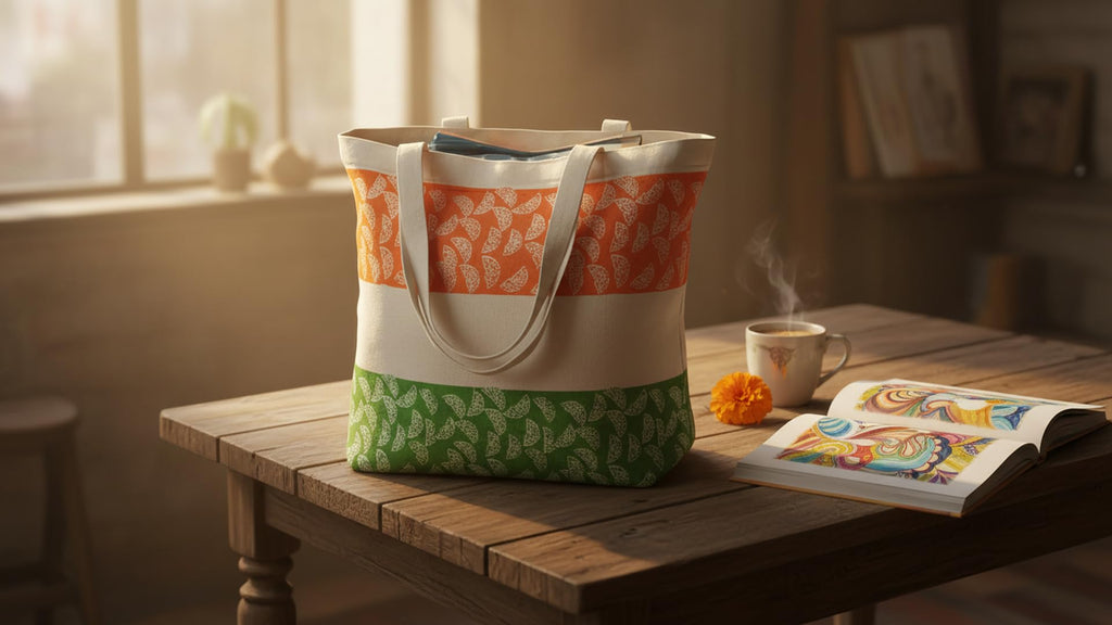 INDHA Hand Block Printed Cotton Markin Shopping Bag (16 x 16 Inches) | Tri Colours Umbrella Print Design Reusable Eco-Friendly Grocery Bag | Single Unit Carry Bag