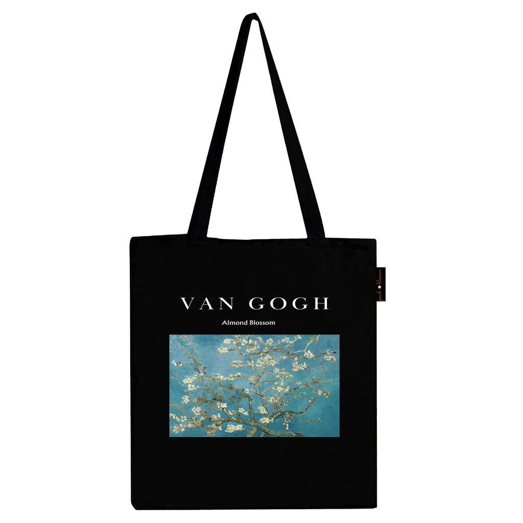 Peach Blossom Van Gogh Printed Tote Bag for Women with Zip, Stylish Cotton Handbags, Canvas Tote Bags for College (Black_VanGoghBlueSky)
