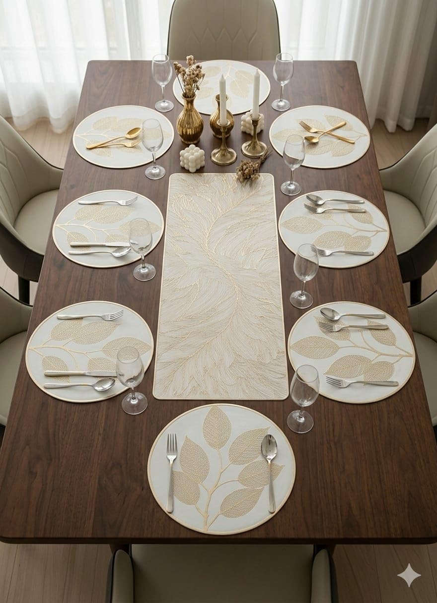 Dining Table Mats with Table Runner Set Leaf Pattern Placemat Set for Dining Table Kitchen Home Decoration (Petals Circular mat + Modern ractantgle Runner, Pack of 9 (8+1)) Kafalo