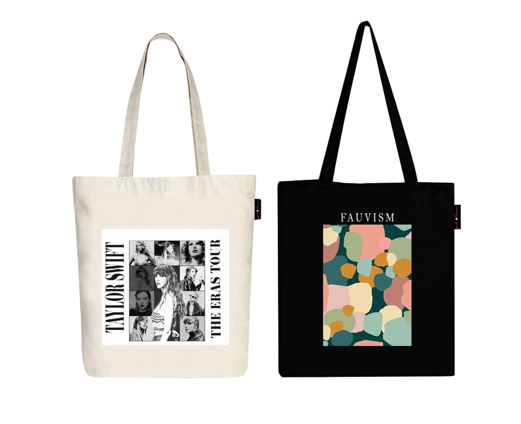 Peach Blossom Printed Cotton Zipper Tote Bags | CBAG - WHT-TAYLOR SWIFT_BLK-FAUVISM