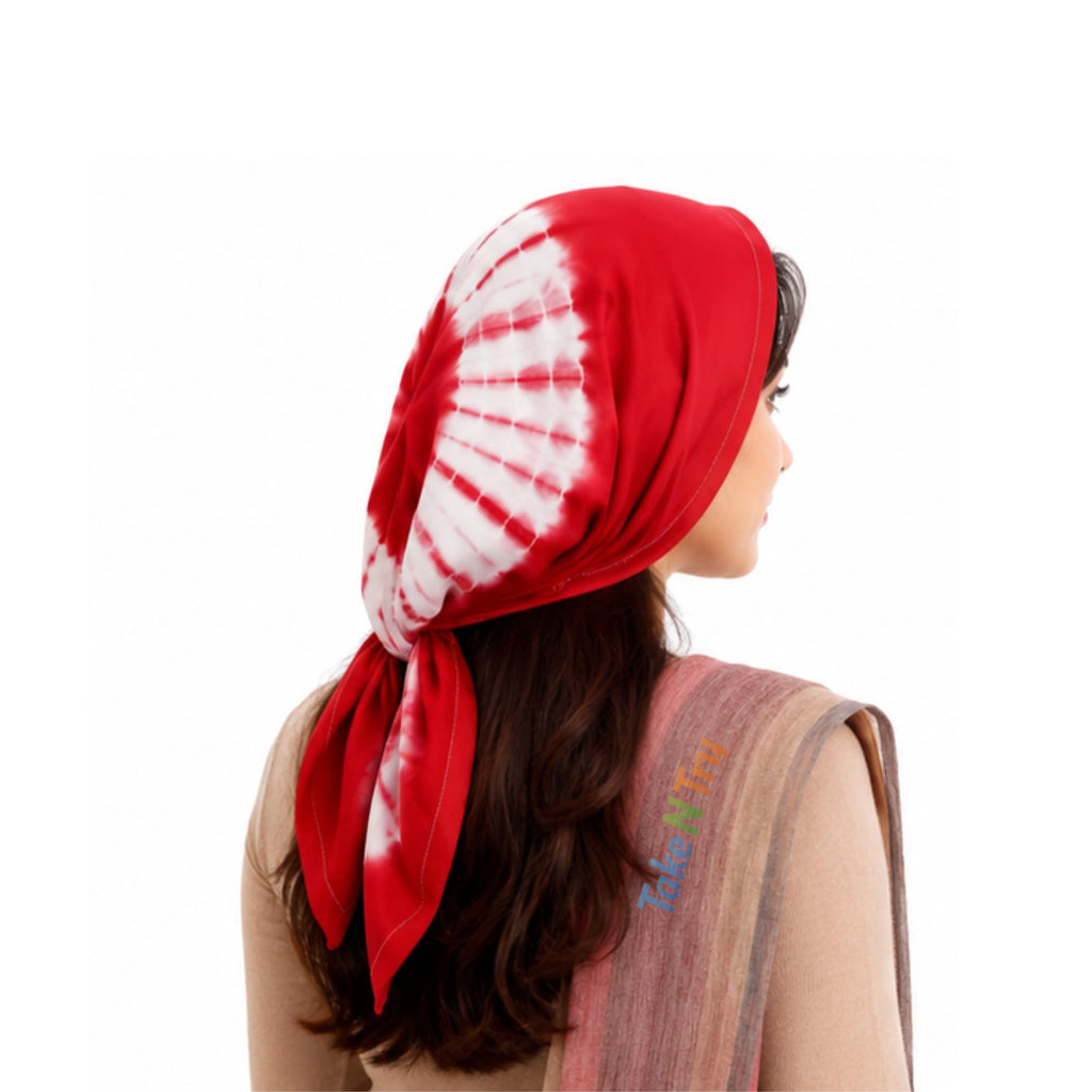 Take N Try Women’s Satin Head Scarf, Square Hair Wrap Cotton Bandana for Head, Neck & Hair, Daily Use, Travel & Ethnic Outfit, 30x30 Inch Fashion Printed Scarves for Female & Ladies Gift (Red)