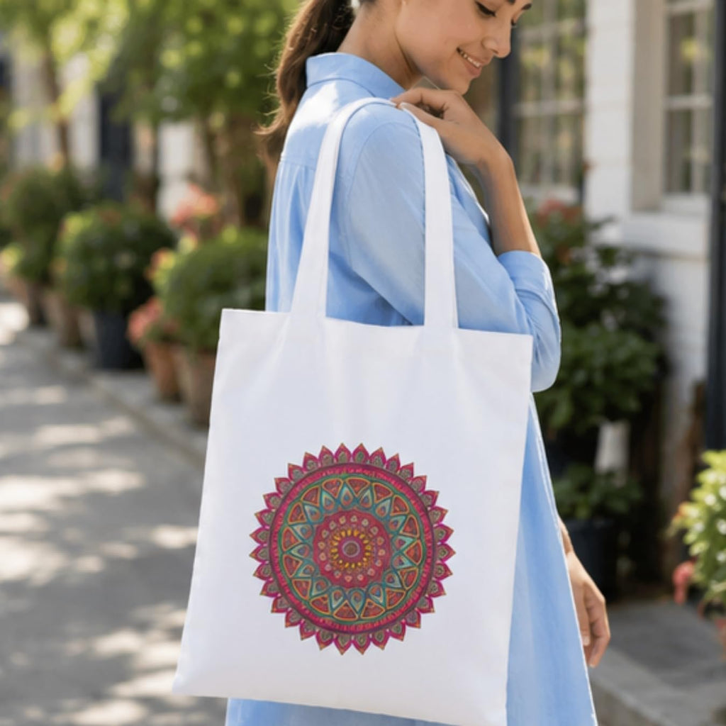 Adorvue Premium Reusable Colourful Mandala Printed Tote Bag Stylish Eco-Friendly Cotton Handbags, Canvas Bags for College, Shopping, Office, Travel, Grocery Runs, Beach Day and Casual Outing Pack of 2