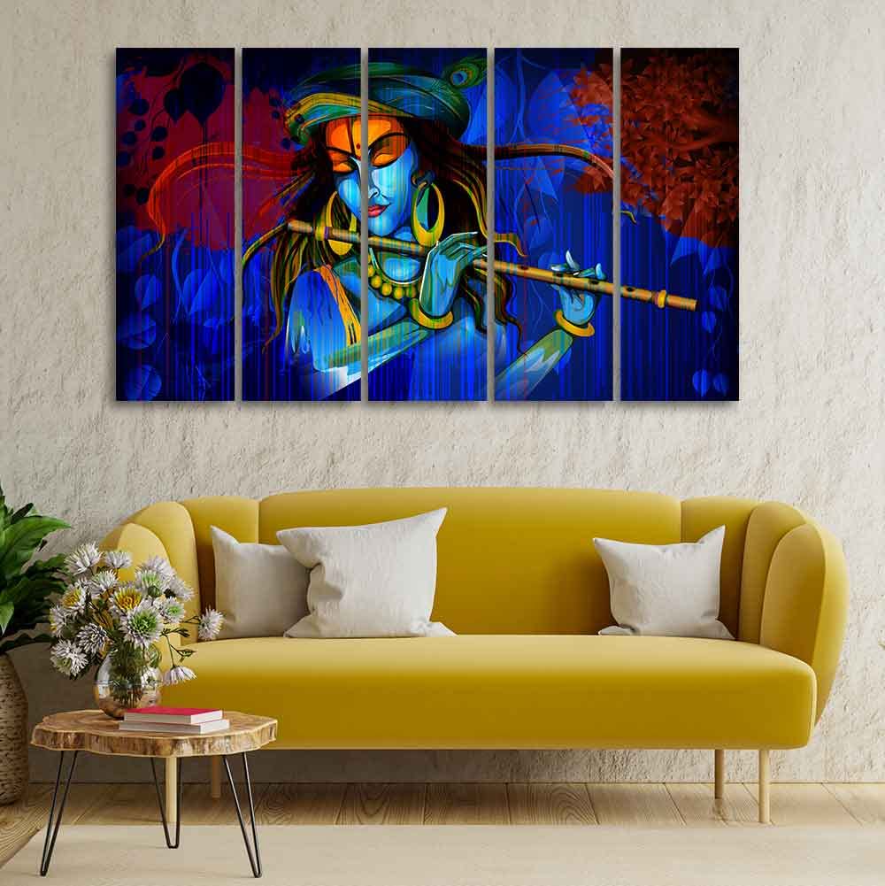 VIBECRAFTS Shree Krishna 5 Pieces Playing Flute Canvas Wall Painting For Home | Office | Living Room | Gift (PTVC5Pcs4_8508)