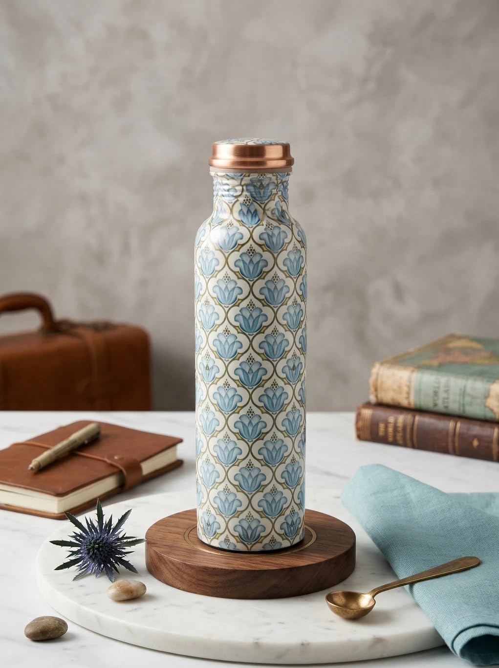 Thammar Luxury Printed Copper Water Bottle 1000 ml (1 Litre) | Pure Copper Bottle for Drinking Water (Creamy)