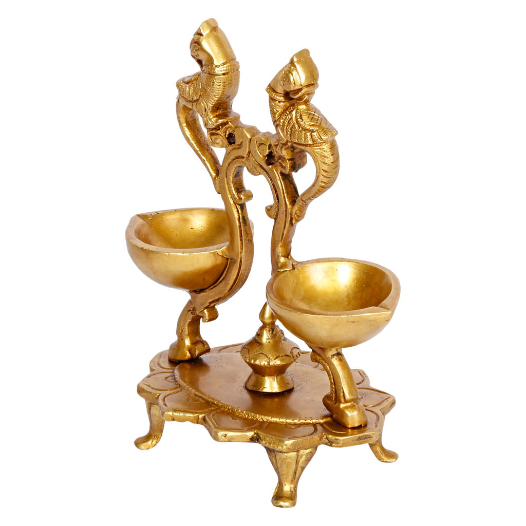 Artvarko Brass Peacock Bird Double Oil Lamp for Pooja Engraved Design Table Diya Beautifully Carved Deepak for Temple Decoration 6.5 Inch
