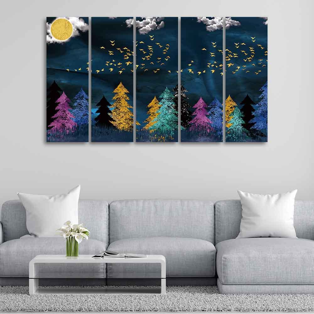 VIBECRAFTS Five Pieces Wall Painting of Golden Birds Flying over The Dark Forest For Home|Office|Living Room|Gift (PTVC5Pcs4_8717)