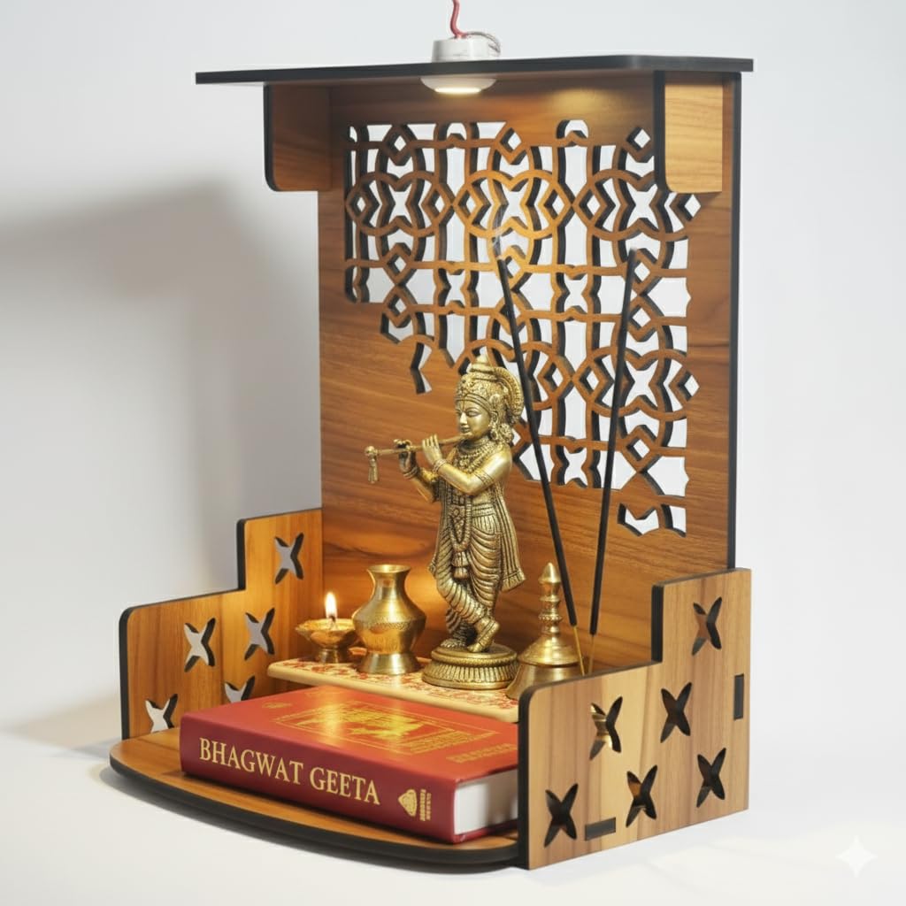 GOJEEVA KRAFT Royal Walnut Finish Wooden Pooja Mandir | Wall Mounted Home Temple with LED Lights & Spacious Storage | Premium Handcrafted Puja Unit (37.5 * 29 * 25 CM) (Large) A1