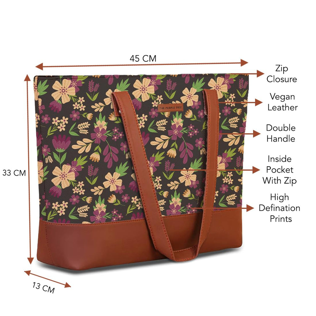 The Purple Tree Handcrafted Women's Tote Bag with Vegan Leather Handles & Indian Prints, Violet Magic Shoulder Tote, Handbag for Office and College, Oversized Tote Bag