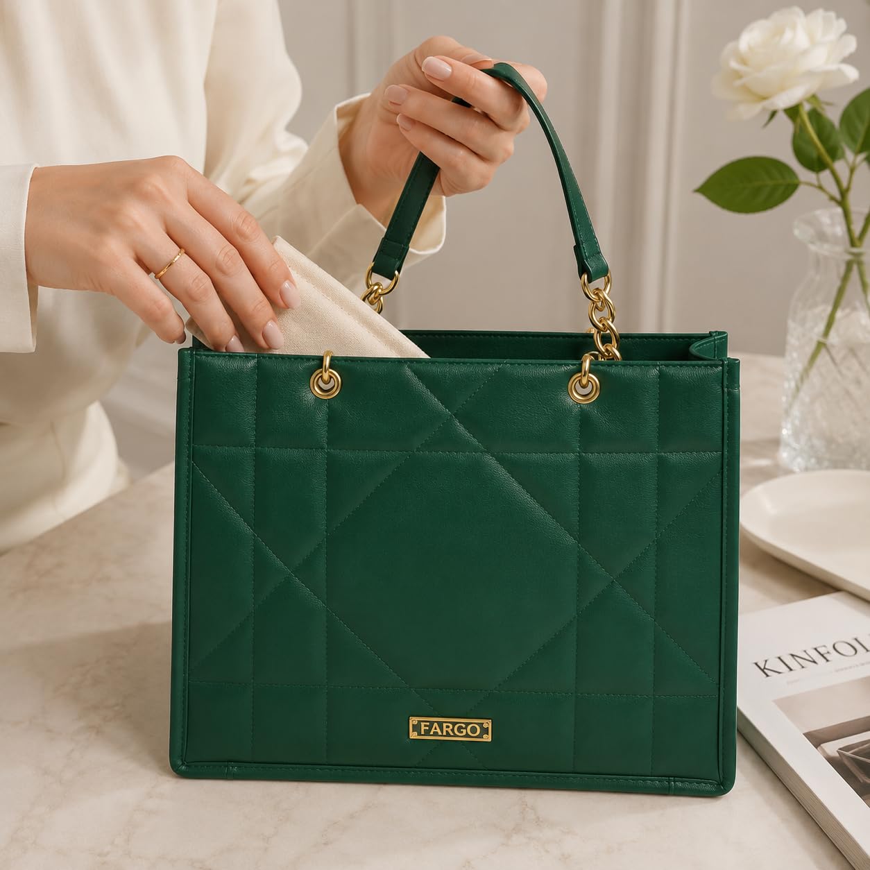 Fargo Matrix Tote Bag for Women | Vegan Leather Handbag with 15-Inch Laptop Compartment, Smooth Zip | Stylish Office, College & Daily Use Tote | Made in India (Green)