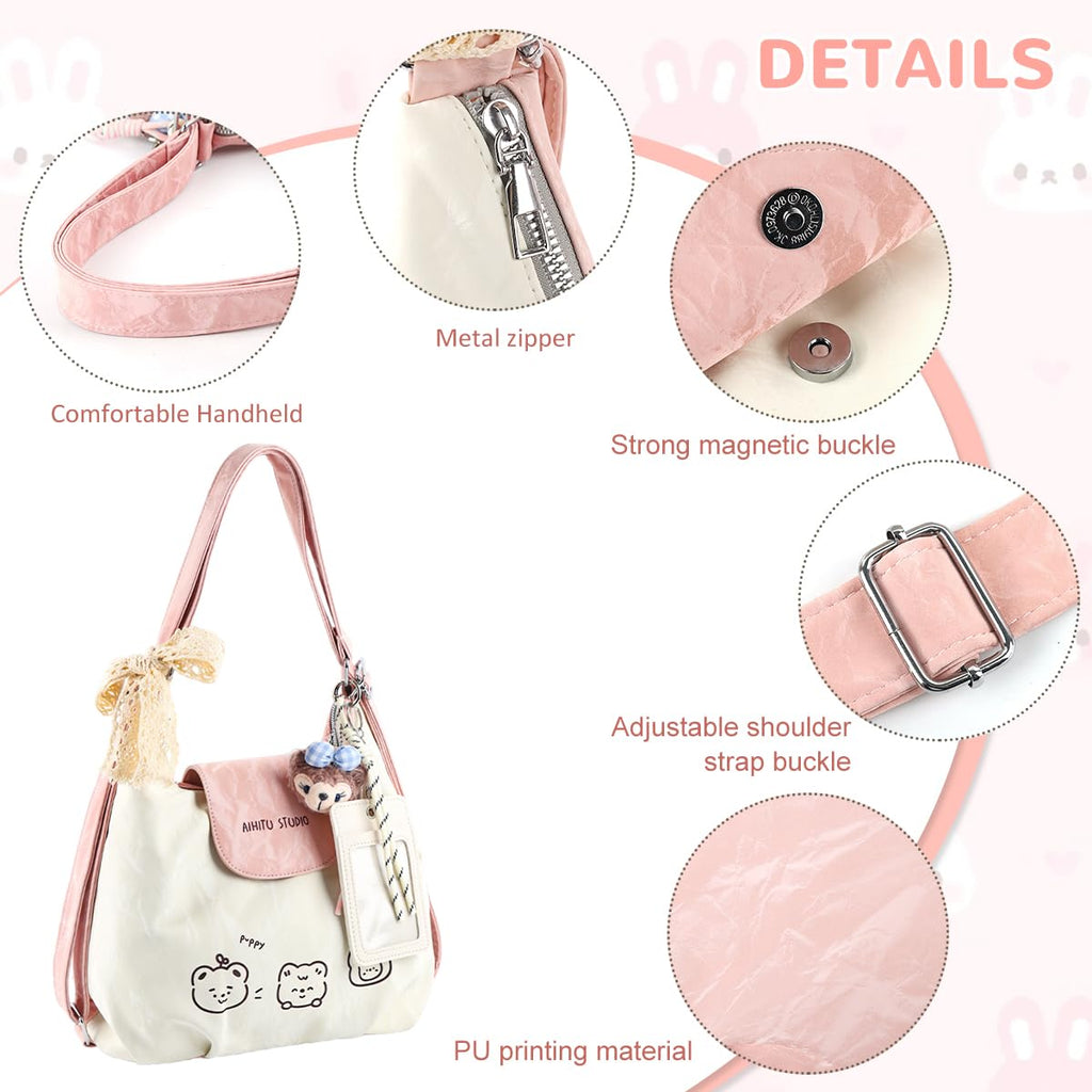 PALAY® Tote Bag for Woman Girls Beige Pink PU Leather Shoulder Bags with Plush Charm&Photocard Holder Cute Cartoon Bear Print Crossbody Bag for Books & Daily Use