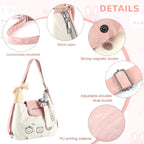 PALAY® Tote Bag for Woman Girls Beige Pink PU Leather Shoulder Bags with Plush Charm&Photocard Holder Cute Cartoon Bear Print Crossbody Bag for Books & Daily Use