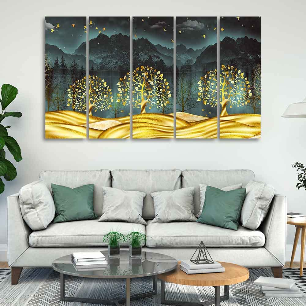 VIBECRAFTS Wall Painting of Golden Trees in Dark Forest of Five Pieces For Home|Office|Living Room|Gift (PTVC5Pcs4_8726)