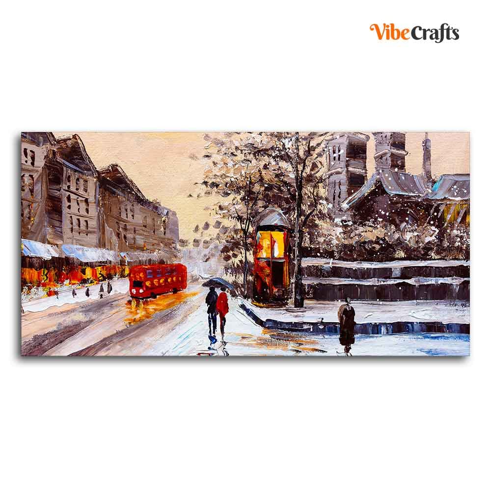 VIBECRAFTS Canvas Paintings for Living Room Drawing Wall Painting of Street view London with Snowfall Background Fitted Wooden Frame For Home | Office | Gift (PTVCH_2267N) (48 x 24 Inches)