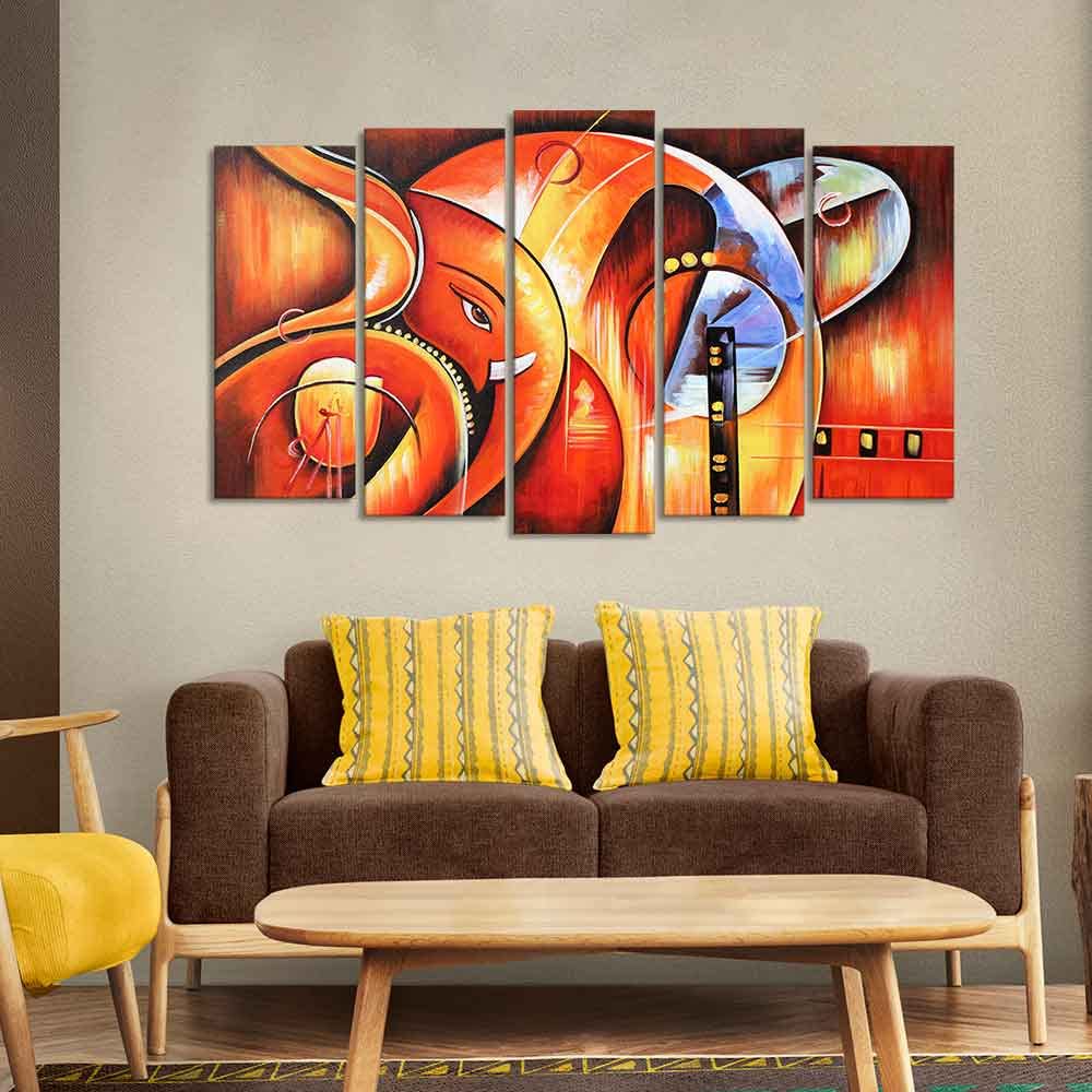 VIBECRAFTS Hindu Ganesha Wall Painting Set of Five Pieces For Home|Office|Living Room|Gift (PTVC5Pcs2_6584)