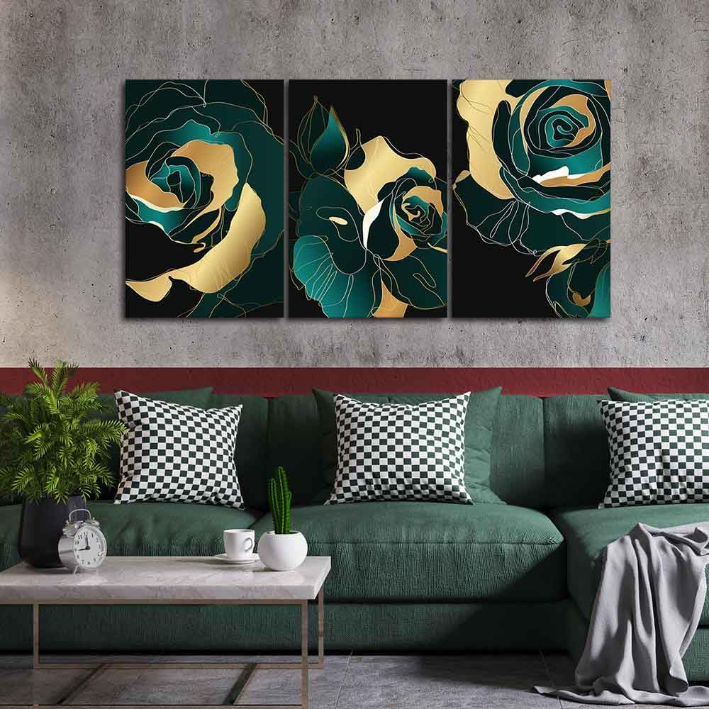 VIBECRAFTS 3 Pieces Abstract Line Art Rose Flower Canvas Wall Painting Fitted With Wooden Frame For Home | Office | Living Room | Gifts(PTVC3Pcs3_11508N)