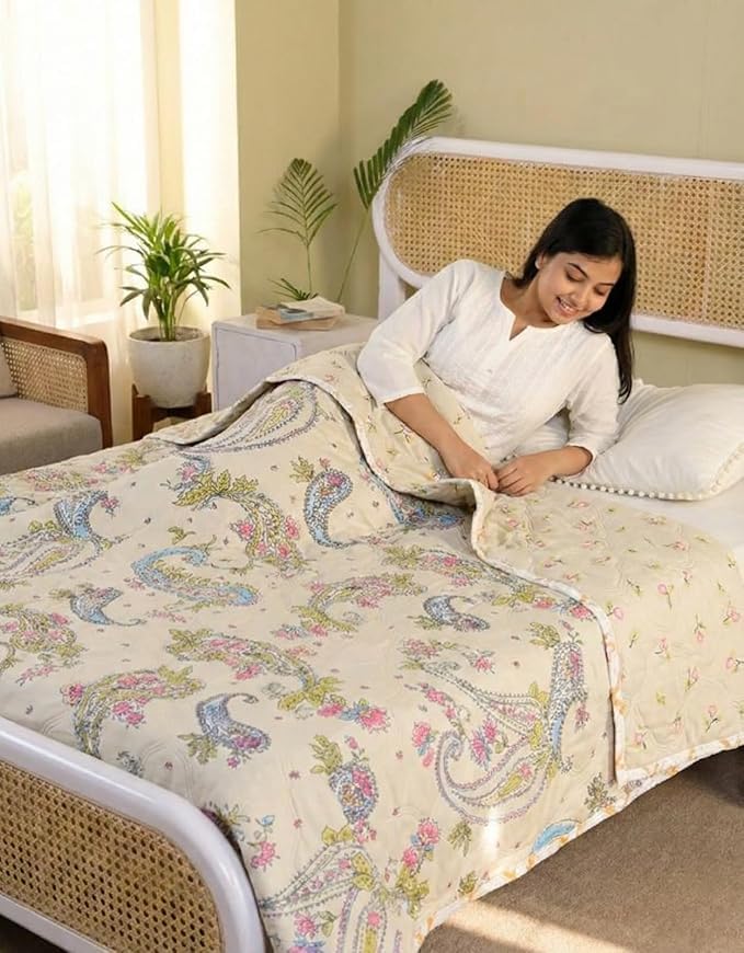 Summer Blanket 100% Cotton Reversible Ac Comforter and Cooling | Classic Printed Design | Quilt | Dohar Single/Double Bed Quilt Ideal for Gifting (Cream Color Curry Design, Single BE) Kafalo