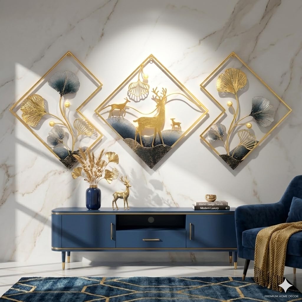Mahira Artefacts Premium Metal Wall Art, Gold and Blue Ginkgo Leaf and Stag Sculpture, Geometric 3D Wall Hanging, Set of 3