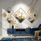 Mahira Artefacts Premium Metal Wall Art, Gold and Blue Ginkgo Leaf and Stag Sculpture, Geometric 3D Wall Hanging, Set of 3