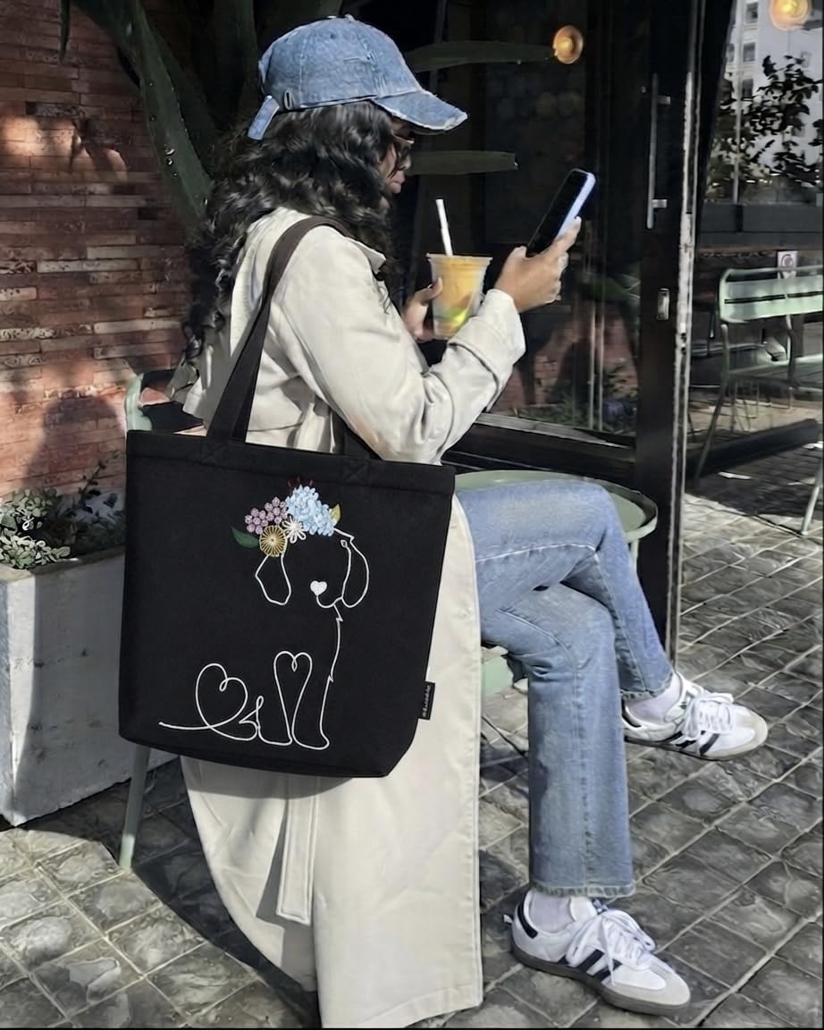 MASQ Premium ToteBag for Women with Zipper | Embroidered Foldable Shoulder Bag with Multiple Pockets | Spacious Handbag for College & Office | Eco-Friendly & Reusable (AP_TB_Tiaraa_Dog_01)
