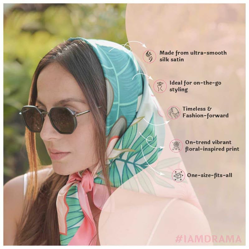 Hair Drama Co. Tropical Flora Print Bandana Head Scarf for Women | Silk Satin Head Wrap Bandana Scarves | Boho Style Statement Headband Stylish Design | All Day Wear Scarves | Hair Scarf Accessories
