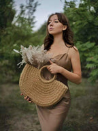 MAIRO LIFESTYLE Straw Wicker Handmade Boho Summer Beach Round Tote Moon Bag (Brown Large)