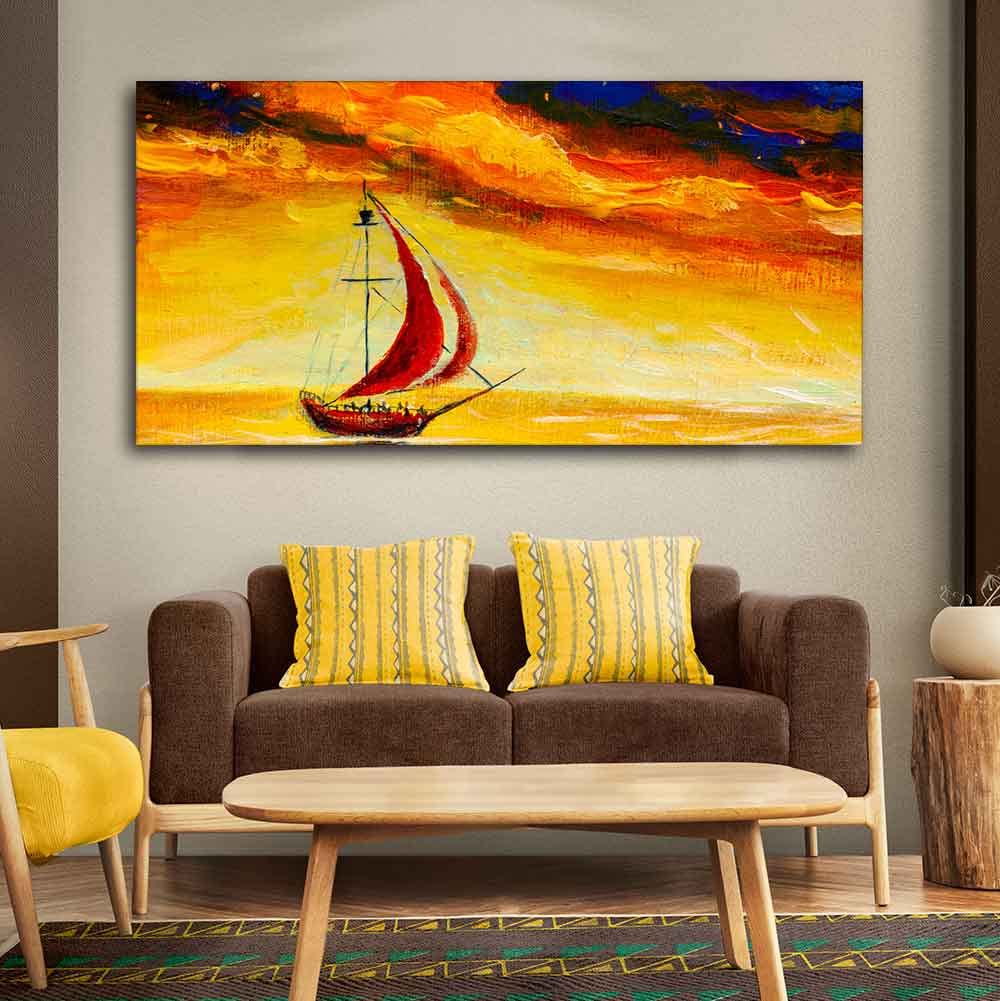 VIBECRAFTS Canvas Paintings for Living Room Drawing Room Sailing Ship with Red Sails with Yellow Sea Background Wall Painting Fitted with Wooden Frame for Home|Office|Gift(PTVCH_2276)