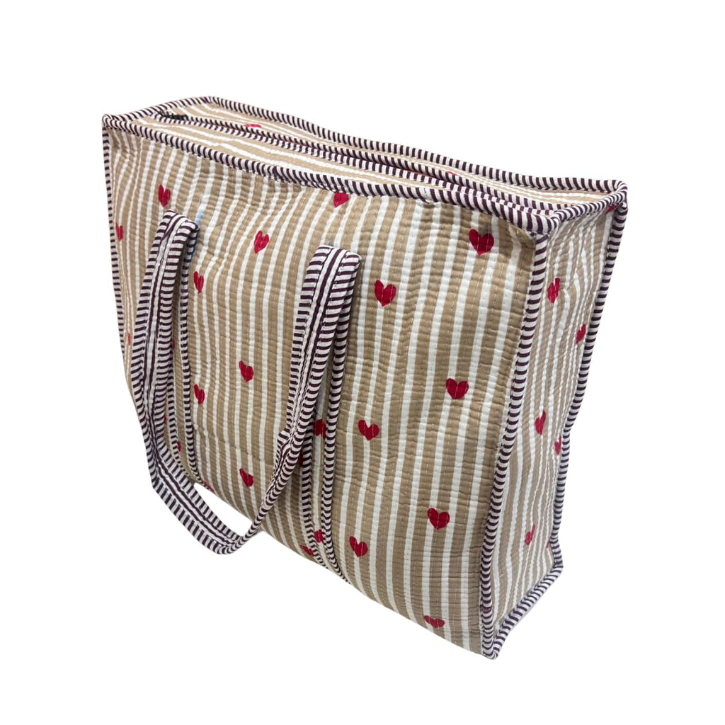 Bazaar Bhoot Edition Premium Cotton Quilted Shopping Tote Bag - Multipurpose Long Lasting Foldable Reusable Bag with zipper for Shopping, Travel & Daily Use - Made in India (Heart Beige)