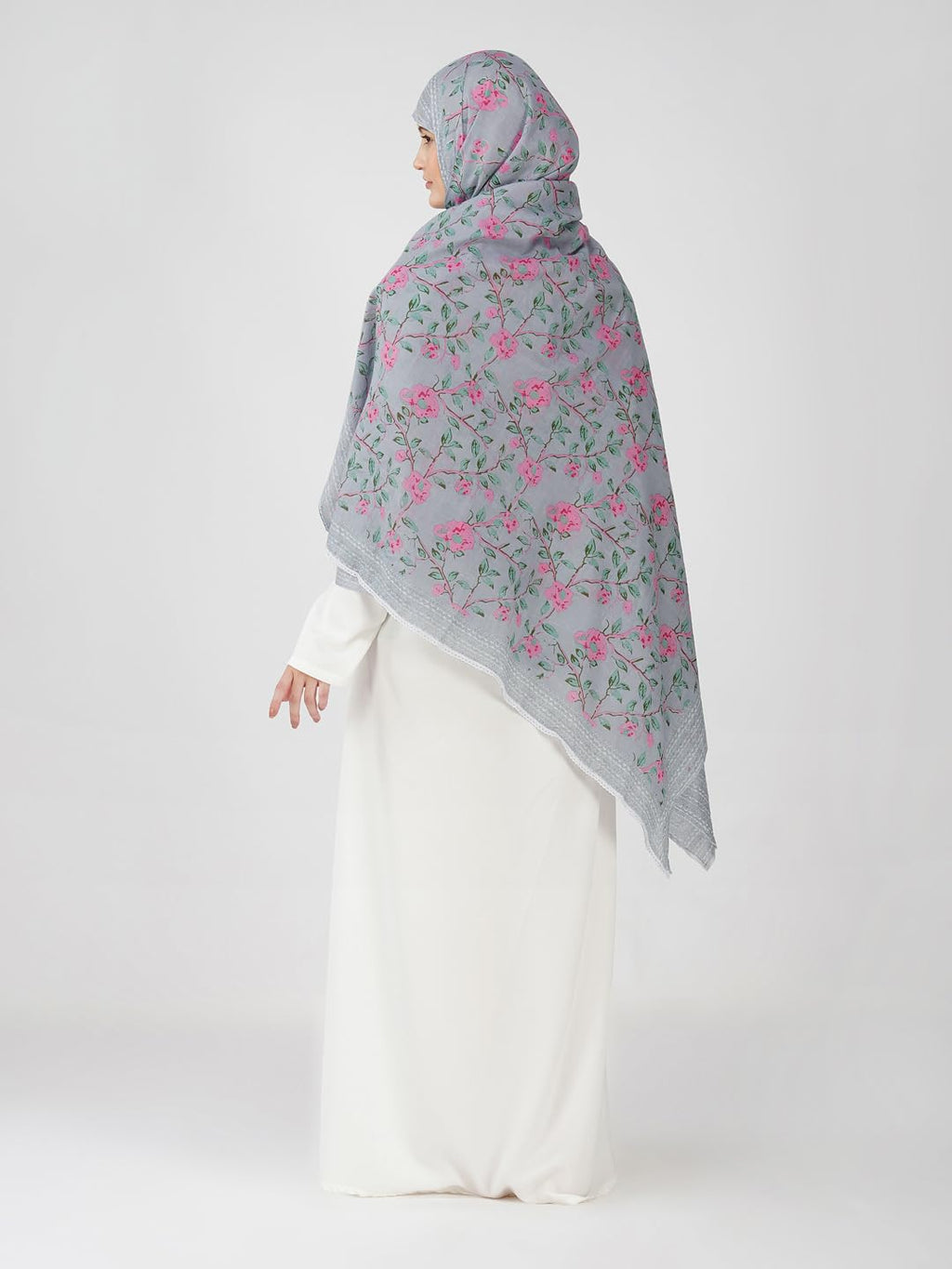 ANAApparels ANA Zoha Bluish Grey Floral Dupatta | 92 x 42 Inches – Premium Mulmul Cotton | Lace Border | Lightweight, Soft & Breathable