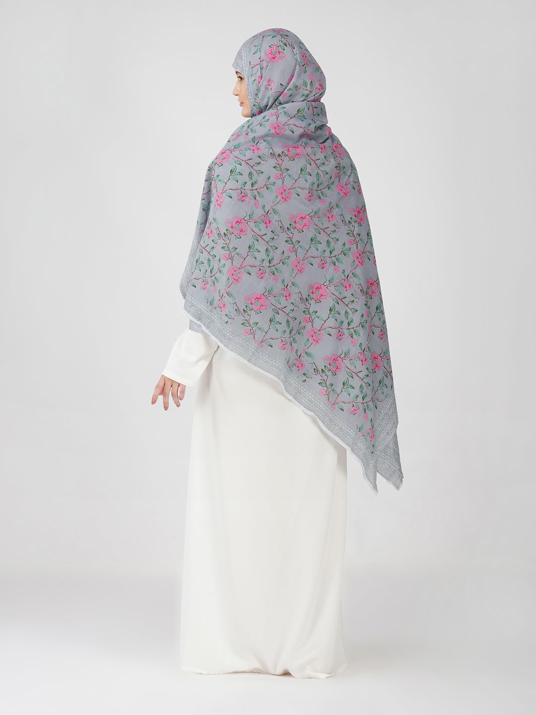 ANAApparels ANA Zoha Bluish Grey Floral Dupatta | 92 x 42 Inches – Premium Mulmul Cotton | Lace Border | Lightweight, Soft & Breathable