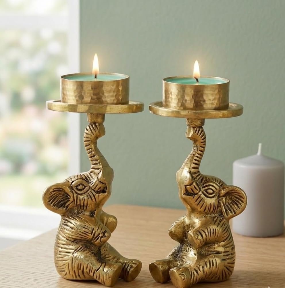 KridayKraft Baby Elephant Figurine T-Light Candle Holder, Gold Antique Finish (15 cm, 300 gm) – Vastu Good Luck Elephant Showpiece for Home Decor, Diwali Gifting, Living Room & Table Accents.