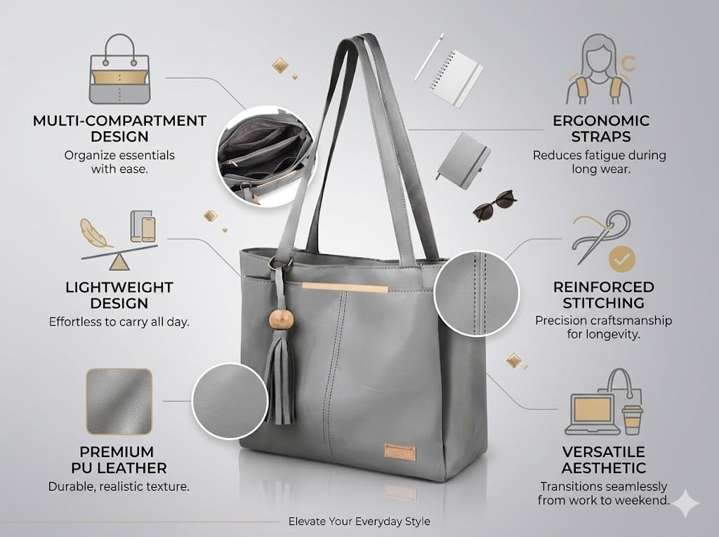 PAVILONN Women Tote Bag Ladies Handbag Shoulder Office Shopping Work Laptop PU Leather Brown Travel College Daily Use Designer Large Stylish Fashion Zipper Commuter Gift (GREY 1)