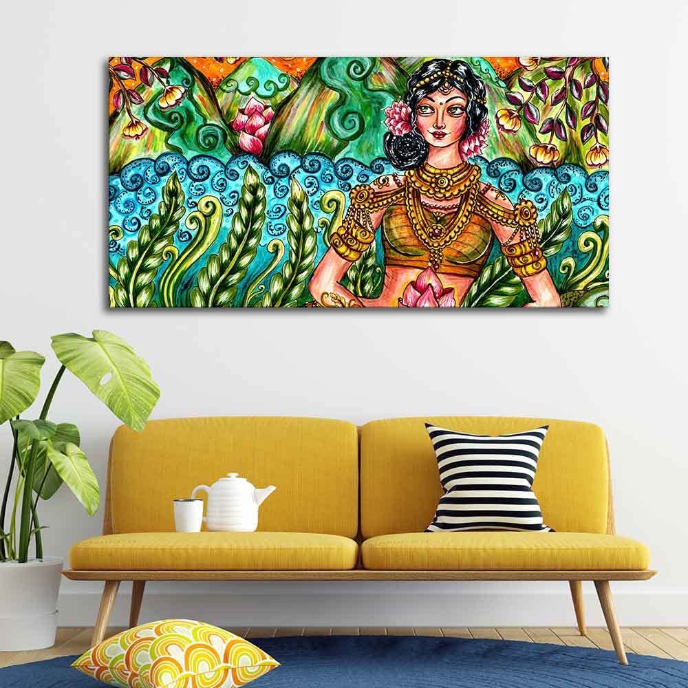 VIBECRAFTS Canvas Paintings for Living Room Drawing Room Traditional Women Canvas Wall Painting Fitted With Wooden Frame For Home | Office | Living Room | Gifts (PTVCH_2514)