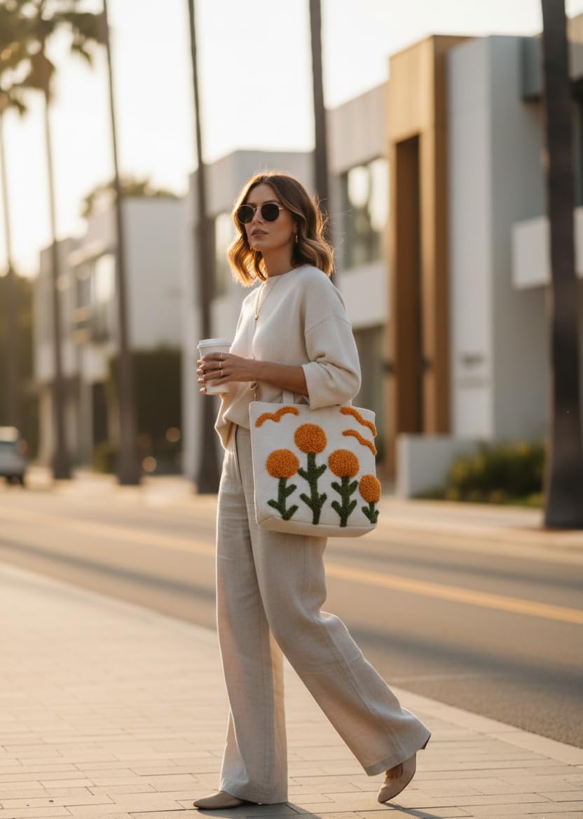 OLL OO LA LA BEAUTY Handcrafted Floral Tufted Tote Bag for Women | Cotton Canvas Shoulder Bag with 3D Daisy Design | Lightweight Reusable Shopper, Casual Everyday Handbag for Work, Travel & Gifting