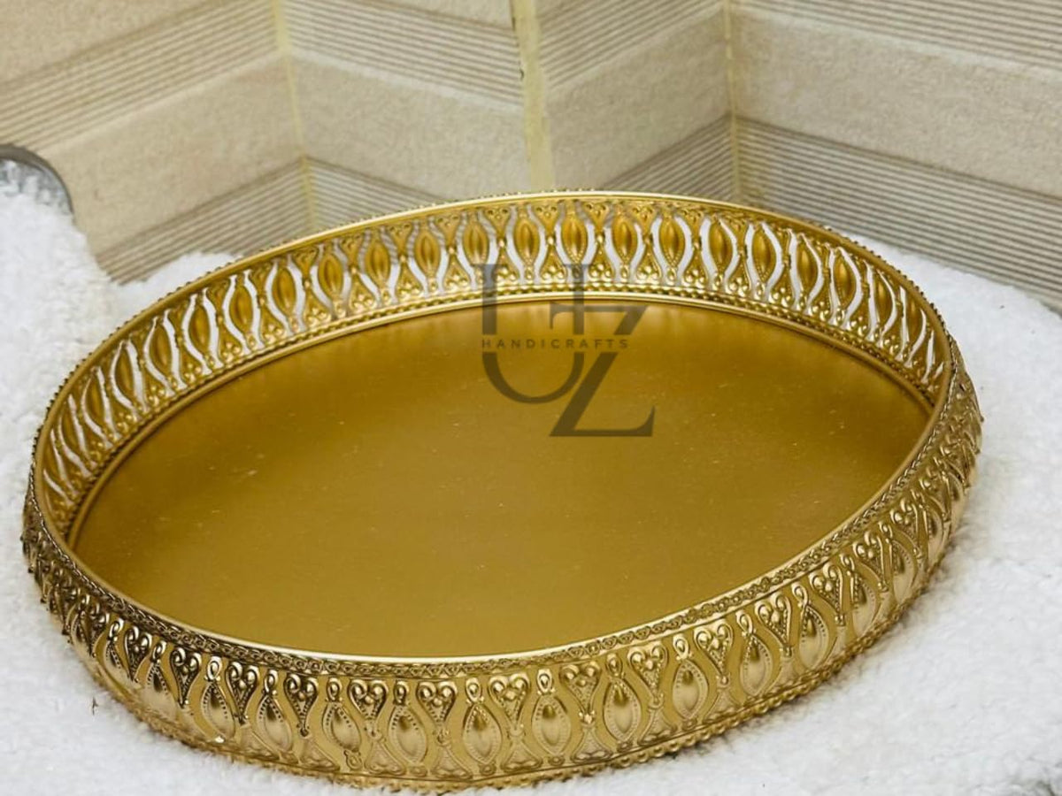 U Z HANDICRAFTS Golden Brass Finish Serving Tray | Decorative Round Metal Trays | Handmade Tea & Snack Serving Trays for Home Décor & Gifting (12'' Tray Round)