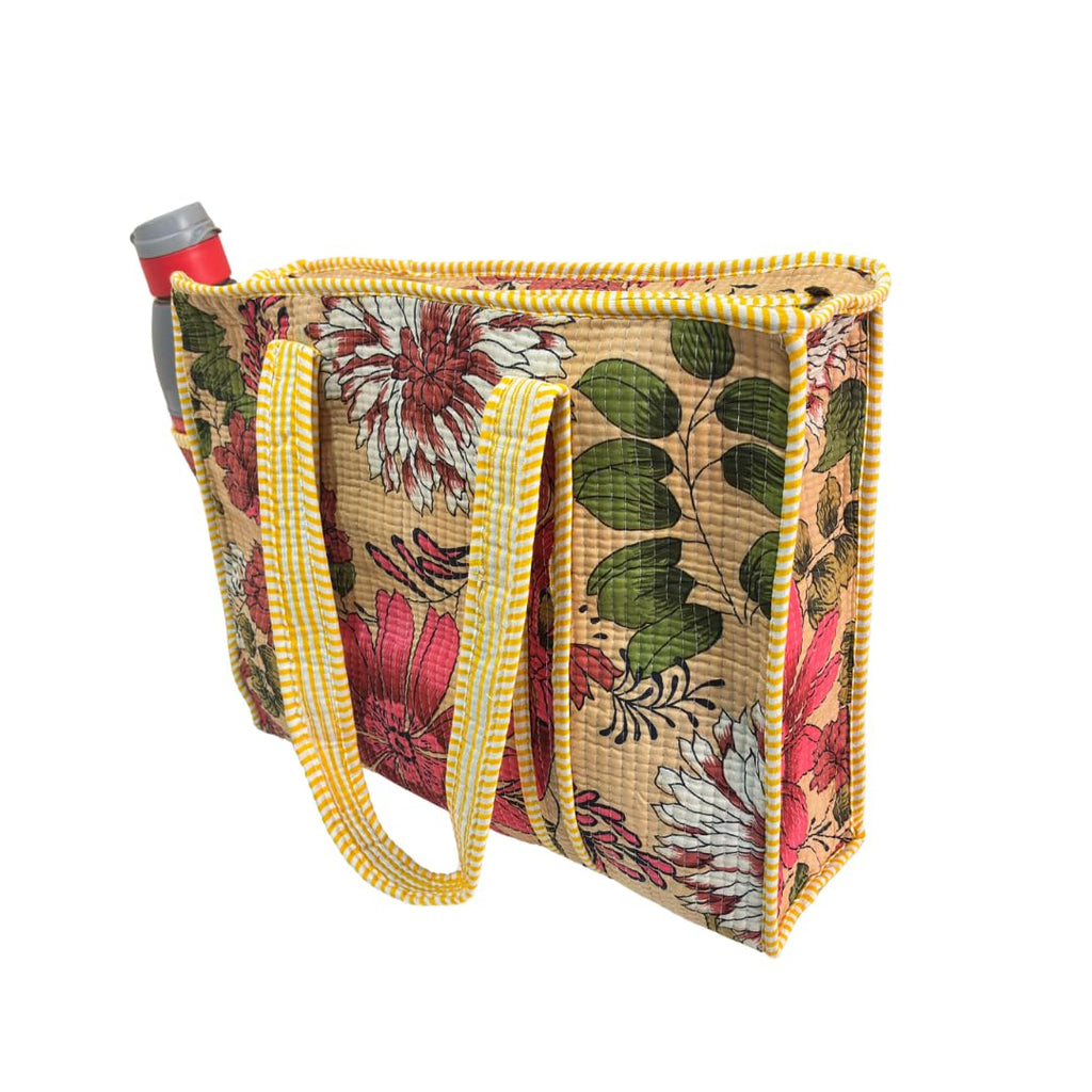 The House of RajPadmini Floral Quilted Cotton Shopping Tote Bag, 16x16 inches, Striped Trim, External Bottle Pocket (Floral Beige)
