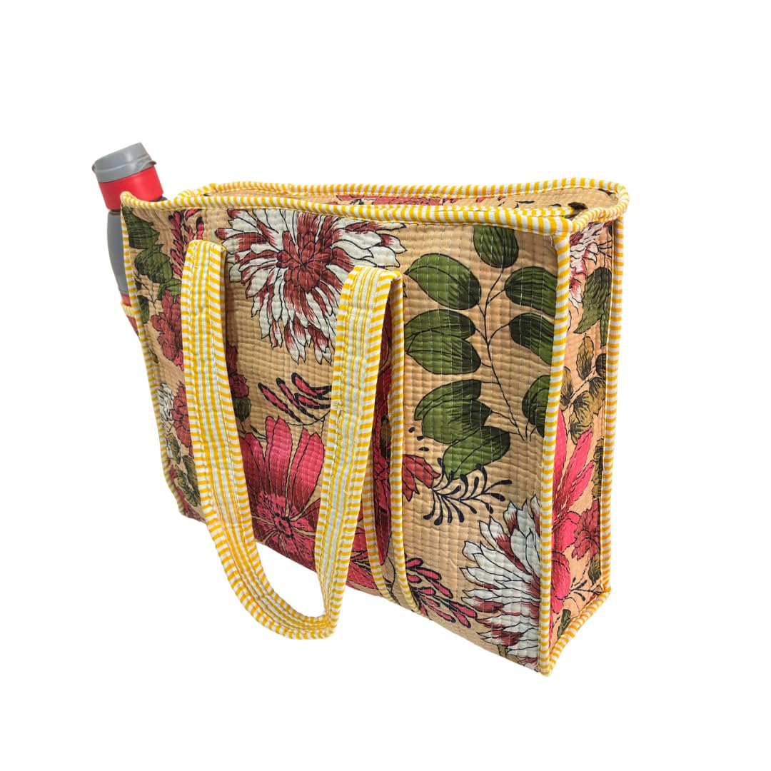 The House of RajPadmini Floral Quilted Cotton Shopping Tote Bag, 16x16 inches, Striped Trim, External Bottle Pocket (Floral Beige)
