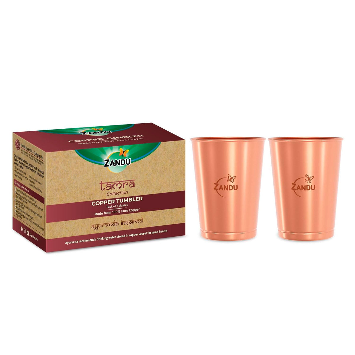 Zandu Copper Tumbler (Pack of 2, 300ml Each): Ayurveda Inspired, 100% Pure Copper, Supports Digestive & Liver Health, Boosts Immunity, Eco-Friendly
