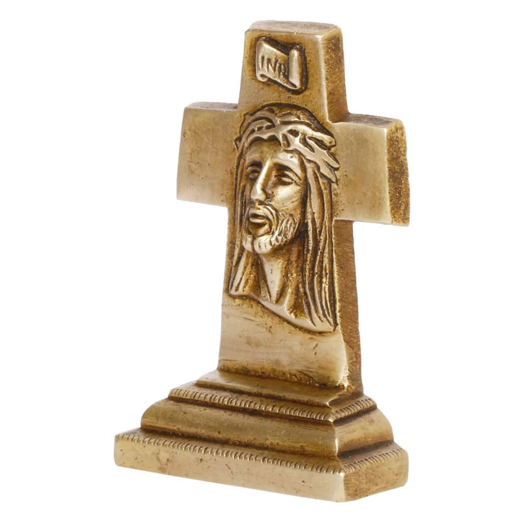 ARTVARKO Solid Brass Cross Statue with Jesus Face Idol Home Decor Religious Figurine Gold Color (7.1 x 3 x 11 cm)