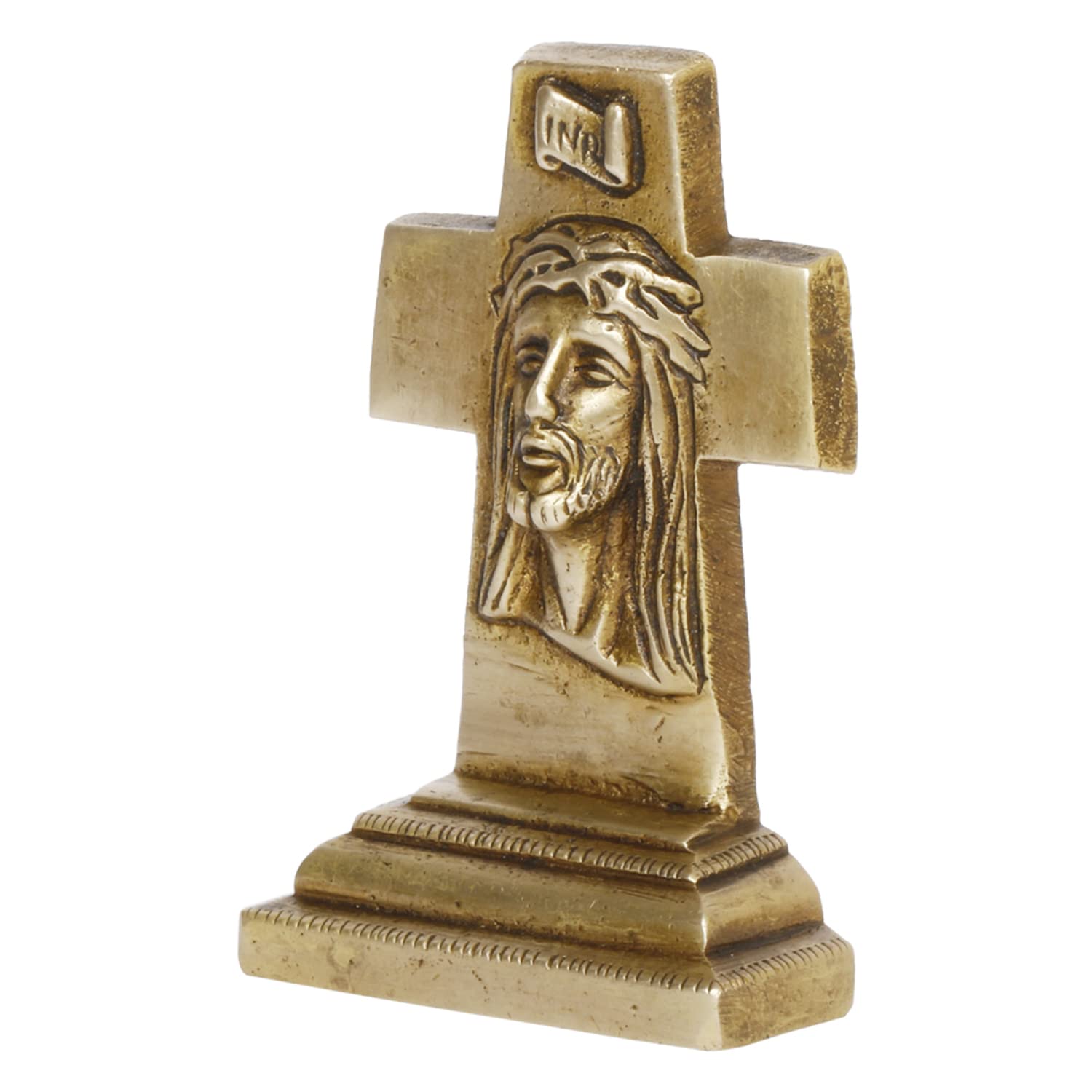 ARTVARKO Solid Brass Cross Statue with Jesus Face Idol Home Decor Religious Figurine Gold Color (7.1 x 3 x 11 cm)