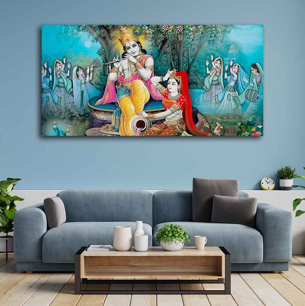 VIBECRAFTS Canvas Paintings for Living Room Drawing Room Hindu Radha Krishna Canvas Wall Painting Fitted With Wooden Frame For Home | Office | Living Room | Gift (PTVCH_2494)