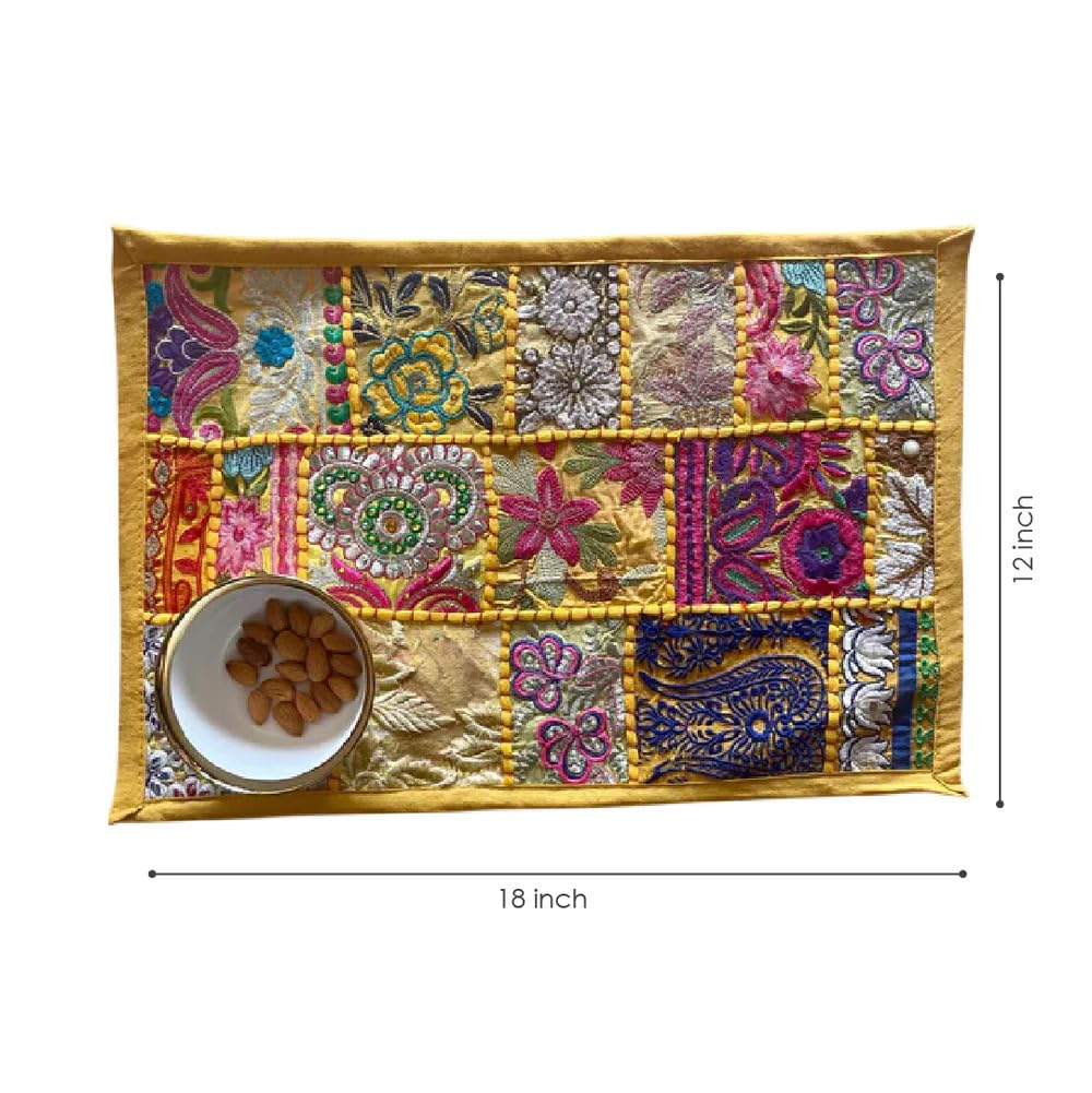ATRANGI STUDIO Patchwork Table Mat | Traditional Rajasthani Khambadiya Placemat | Handmade Reusable Dining Table Mat for Home Decor | Colourful Dining Setup | 12x18 Inch, Yellow