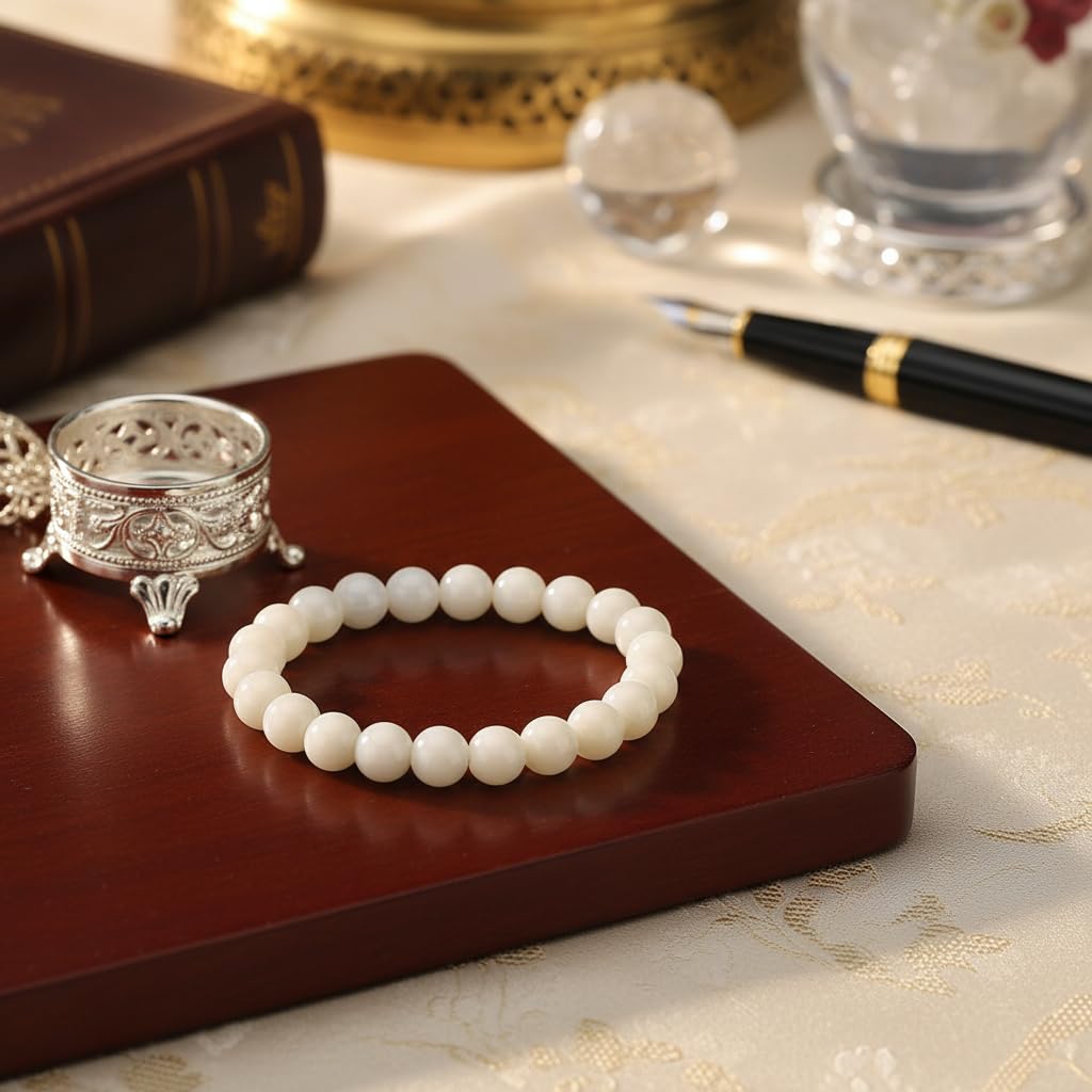 RRJEWELZ Milky Quartz Bracelet for Men & Women | 8mm Round Smooth Gemstone Beads | Stretchable Crystal Healing Bracelet | 7 Inch Handmade Bracelets|RR_SBRC_016