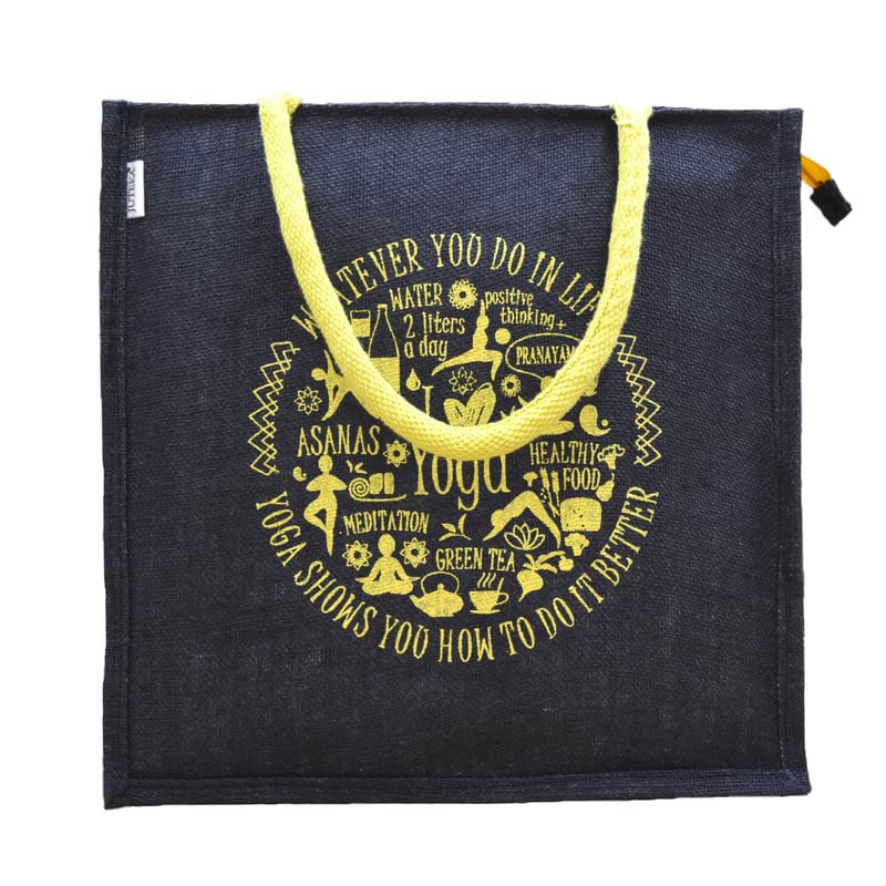 JUTEKA Yoga Print Eco Friendly Jute Bag for Shopping, Lunch, Tiffin, Office, Grocery with Zip Closure and Padded Cotton Handles…